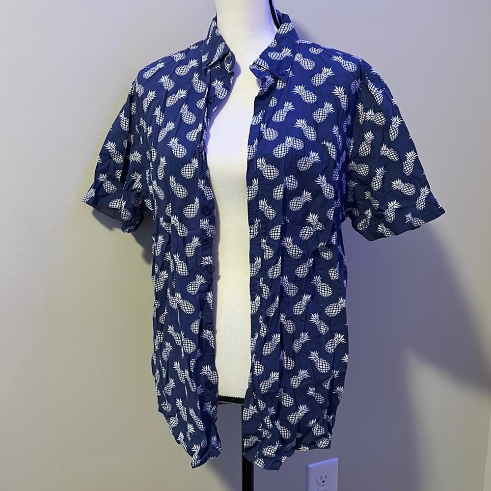 Alpha beta pineapple blue button down shirt